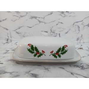 Holly Holiday Christmas Butter Tray Dish Berries Vtg